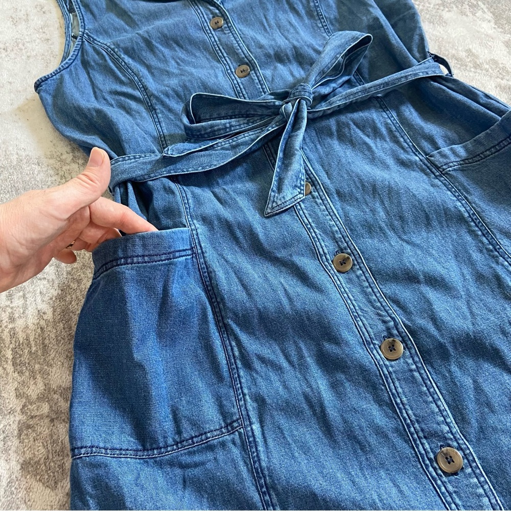 Soft Surroundings Blue Denim Sleeveless‎ Button Up Tie Waist MIDI Dress Medium - Picture 8 of 10